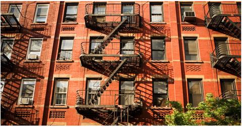 An apartment building and fire escape in Manhattan