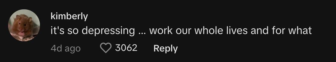 TikToker @kimberlyy529 commented, "It's so depressing ... work our whole lives and for what."