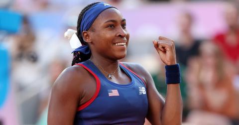 Coco Gauff of Team United States celebrates winning match point against Ajla Tomljanovic of Team Australia during the Women’s Singles first round match on day two of the Olympic Games Paris 2024 at Roland Garros on July 28, 2024 in Paris