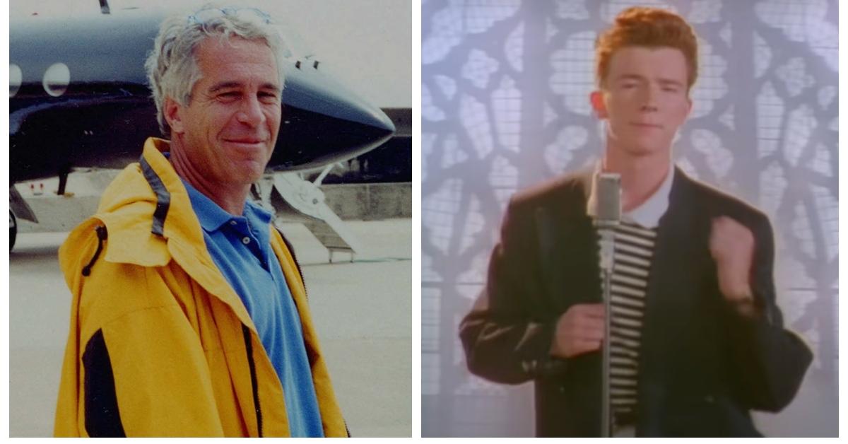 (L-R): Jeffrey Epstein; Rick Astley in the 'Never Gonna Give You Up' video