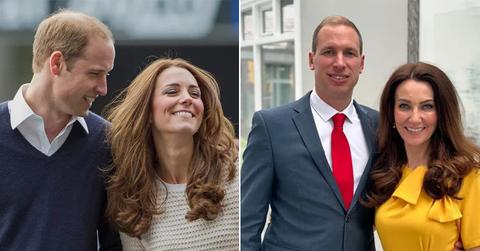 Kate Middleton and Prince William in 2014 on the left, and Heidi Again with a Prince William impersonator on the right.