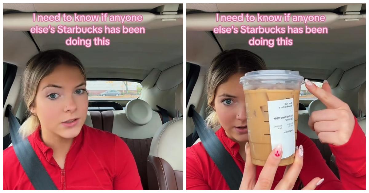 A woman shows that Starbucks didn't fill her drink to the top.