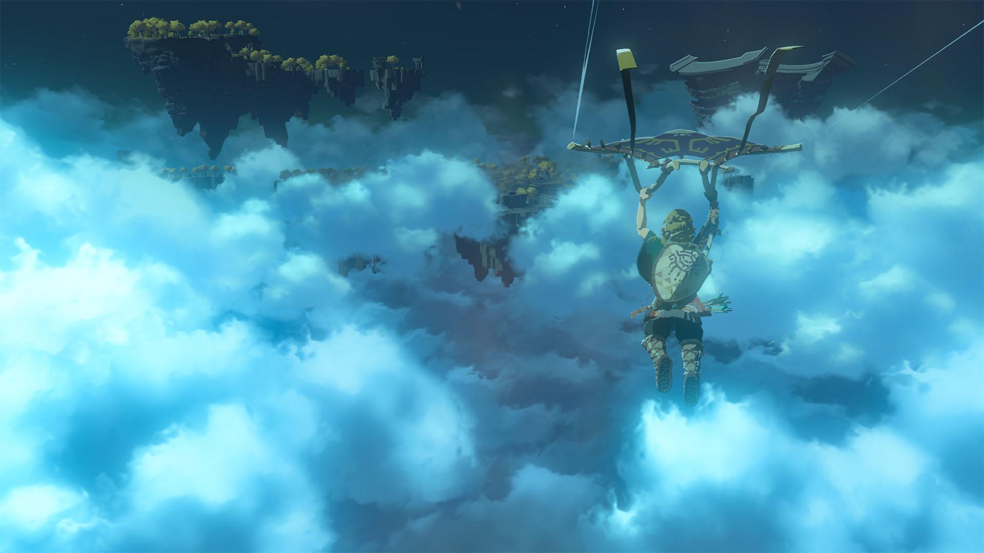 'Tears of the Kingdom' Link gliding through clouds nearby several sky islands.