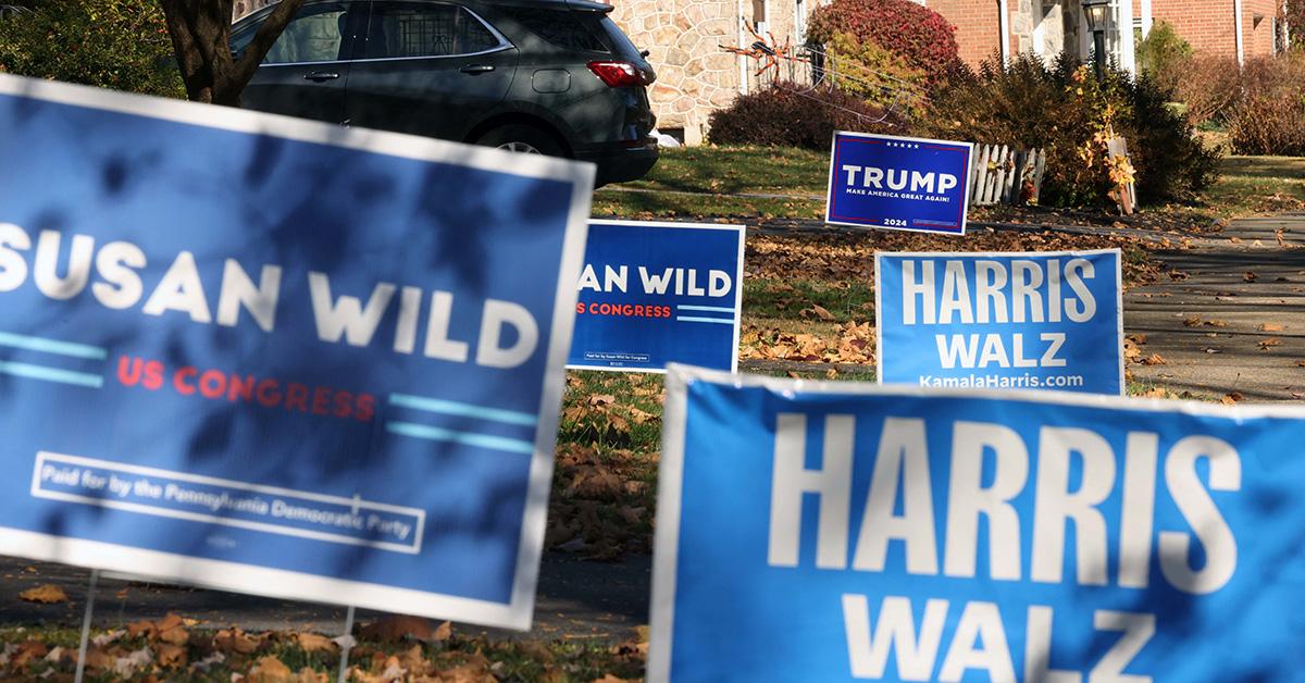 Yard signs for Donald Trump and Kamala Harris. 