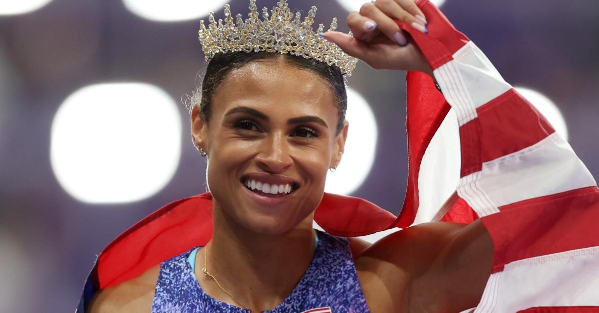 Sydney McLaughlin-Levrone of Team United States celebrates winning the gold medal 