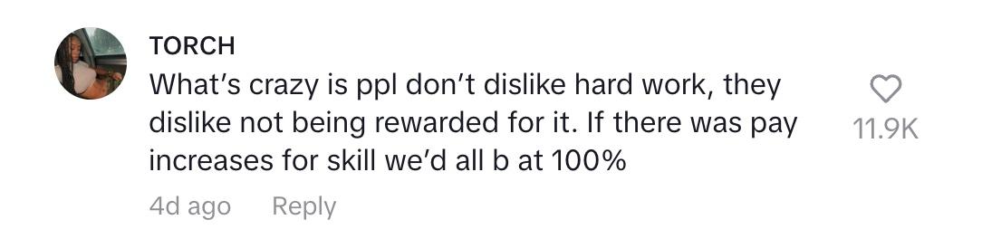 A commenter saying that people don't mind hard work, but they want rewarding for it