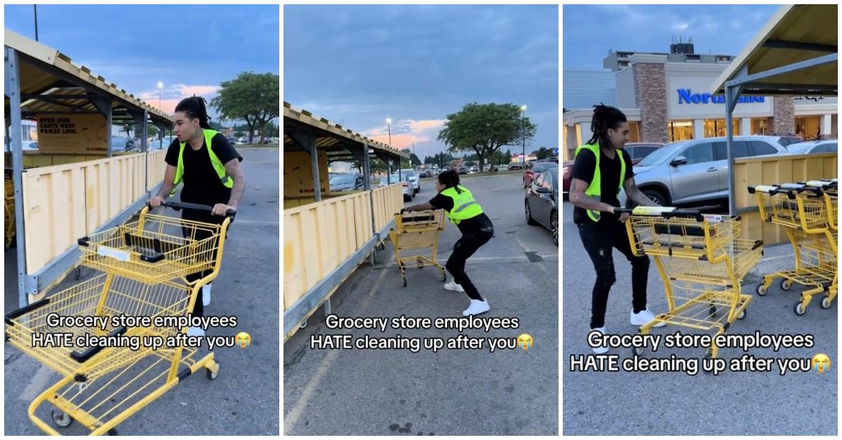 Grocery store worker angrily returns carts to shopping cart corral. 