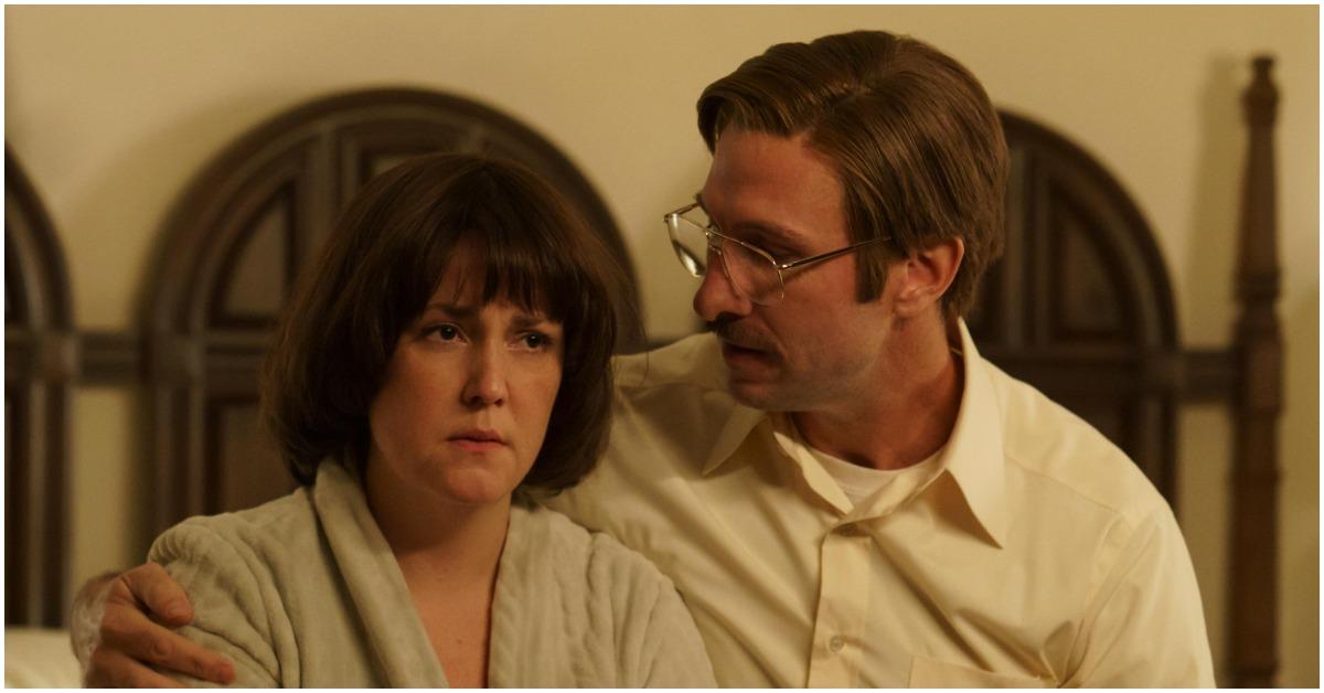 (l-r): Melanie Lynskey as Betty Gore and Pablo Schreiber as Allan Gore filming a scene from Hulu's 'Candy.' 