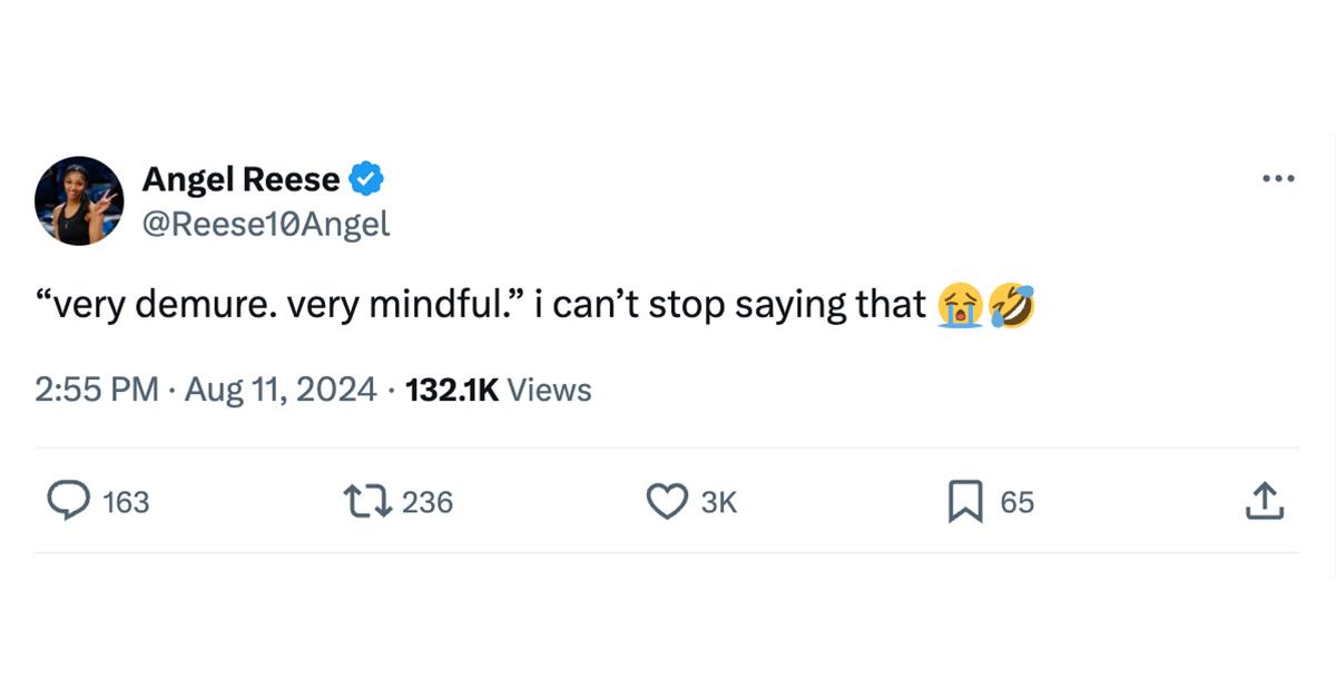 An image of Angel Reese's tweet about the demure mindful trend. 