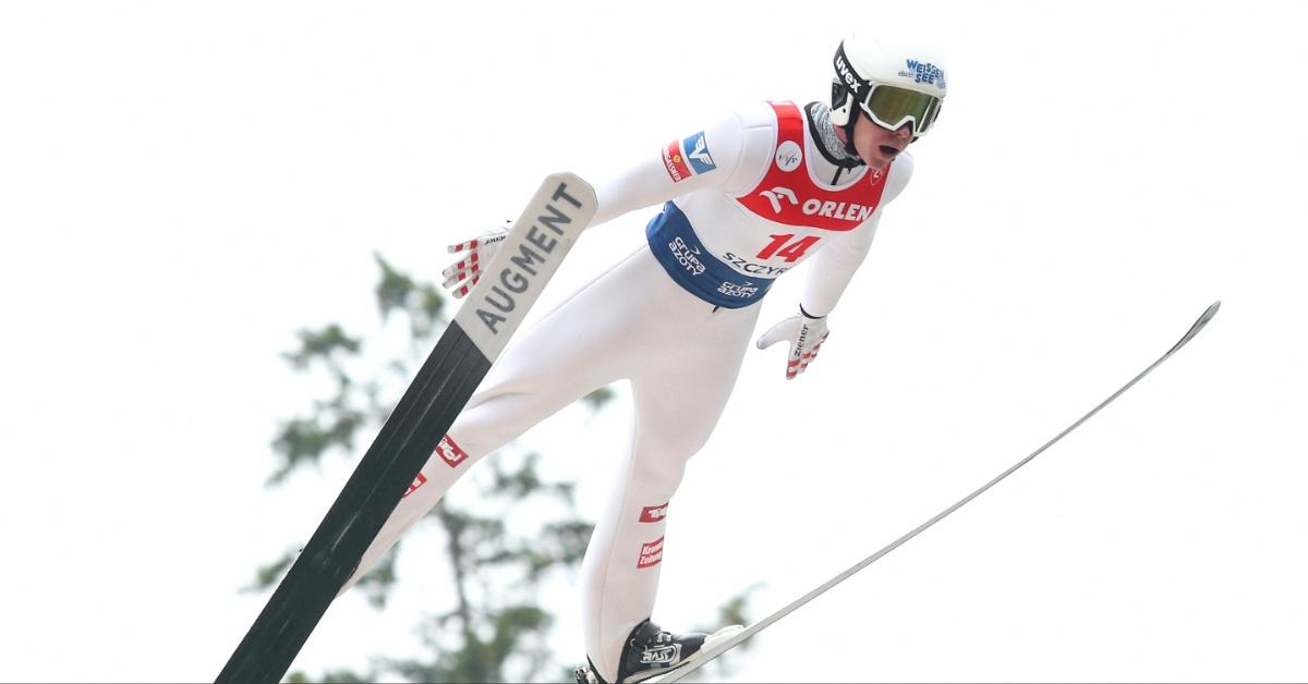 A ski jumper competes.