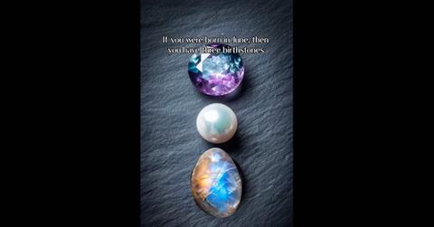 All three of June's birthstones — pearl, alexandrite, and moonstone.