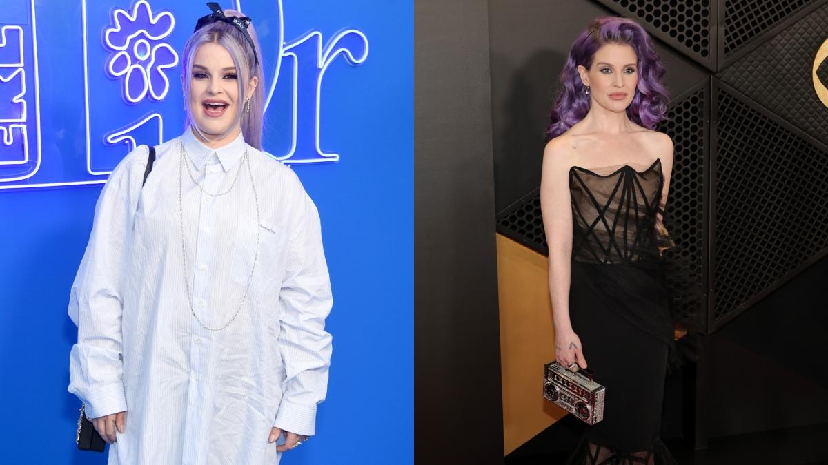 Kelly Osbourne wearing white shirt in 2022 and in a black dress in 2024