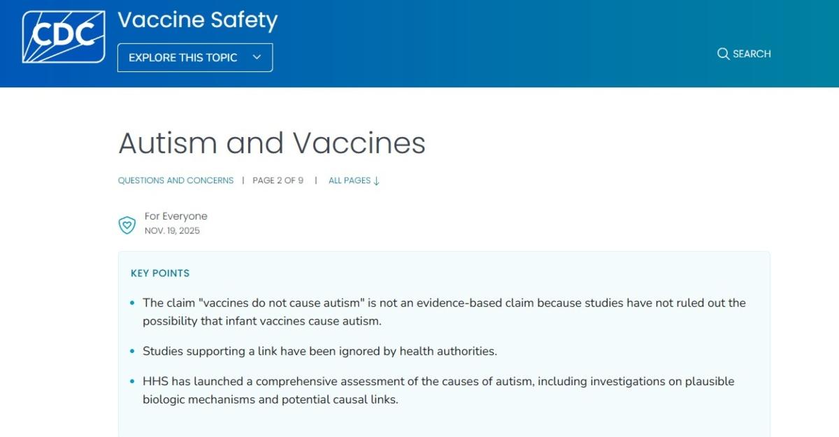 The new CDC webpage on vaccines and autism shows debunked theories.