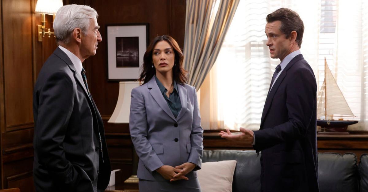 (L-R): Sam Waterston as D.A. Jack McCoy, Odelya Halevi as ADA Samantha Maroun, Hugh Dancy as ADA Nolan Price