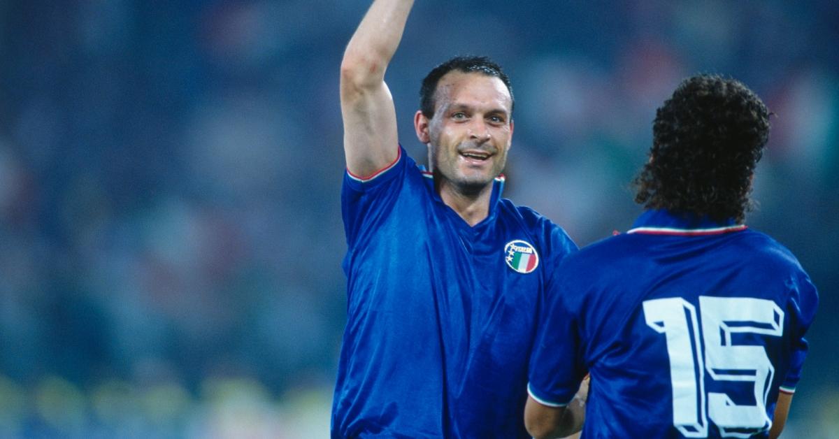 Salvatore "Totò" Schillaci celebrates scoring a goal during a round of 16 match of the 1990 FIFA World Cup.