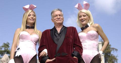 Playboy bunny Sheila Levell, Playboy founder Hugh Hefner and Playboy bunny Holly Madison