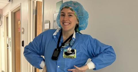 Jen Hamilton at the hospital wearing her nursing uniform.