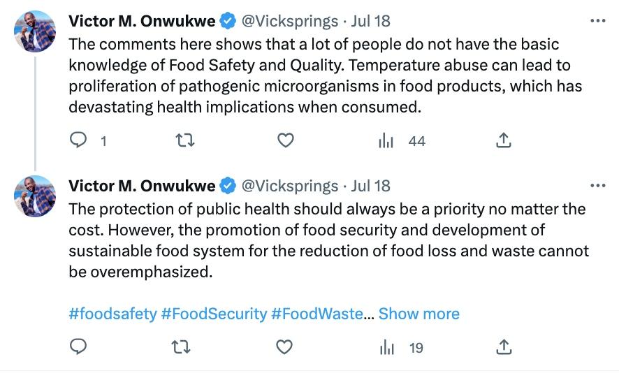 Man tweets about food safety and public health in response to Walmart throwing away food.