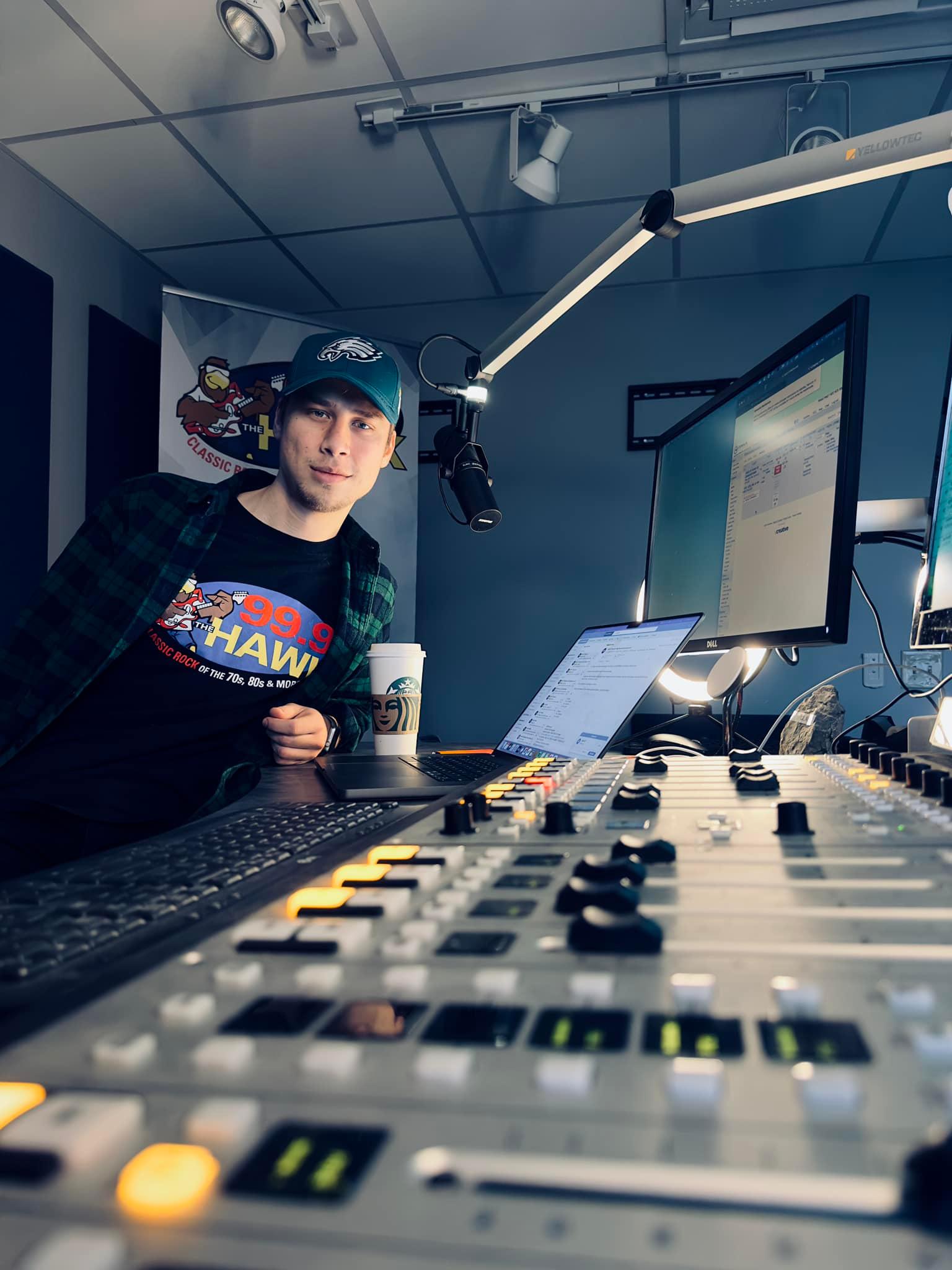 Joel Shimer in the 99.9 The Hawk studio