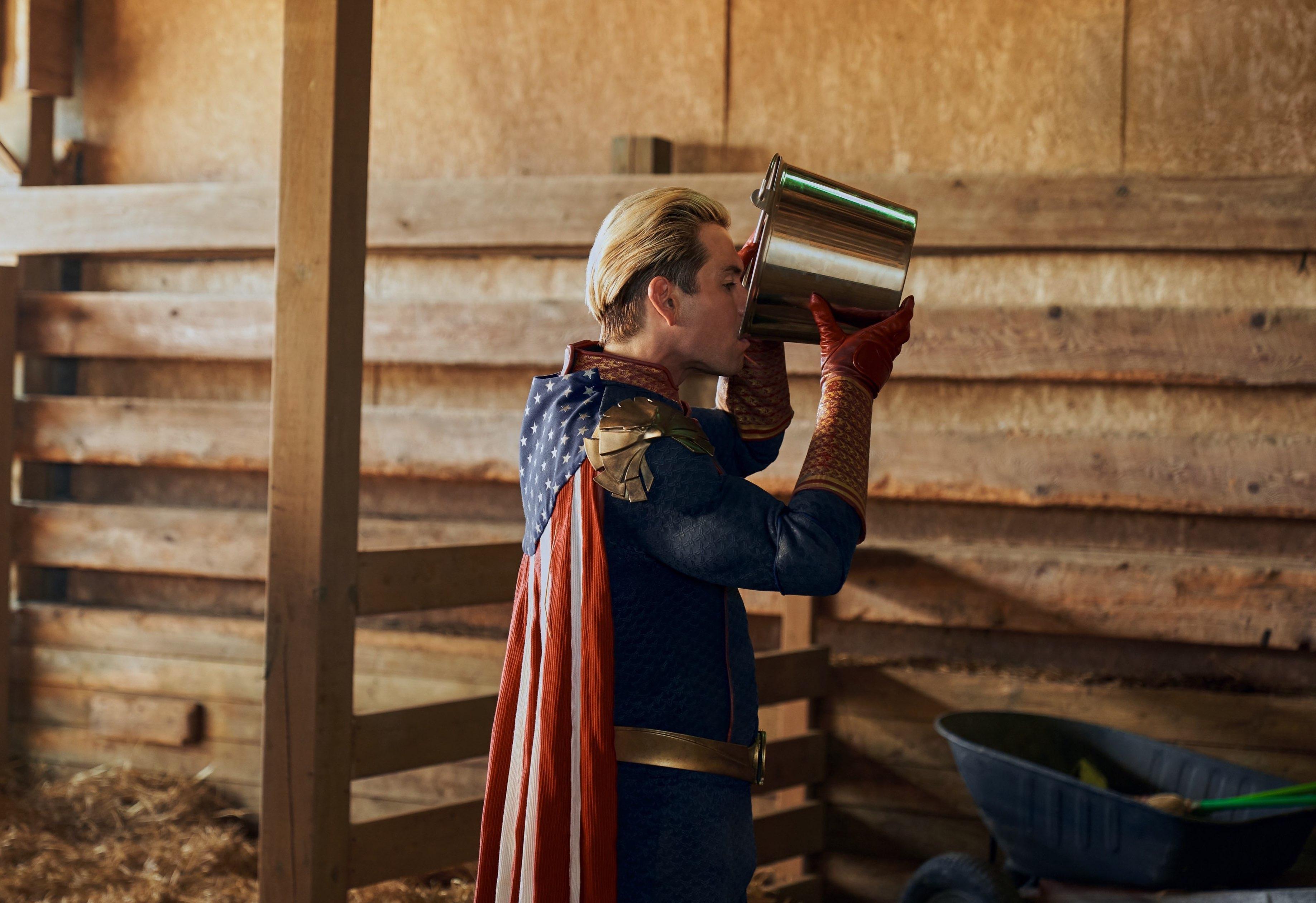 Homelander drinks cow milk from a bucket in Season 3 of 'The Boys.'