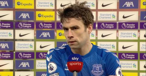 Séamus Coleman participates in an interview following Everton's 2-0 win over Liverpool on Feb. 20, 2021.