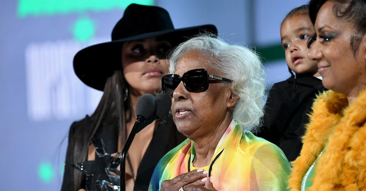 Margaret Boutte speaking at the 2019 BET Awards with Lauren London, Young Kross, and other members of Nipsey's family