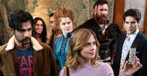 Sam, her husband Jay and their ghosts on the sitcom 'Ghosts'.