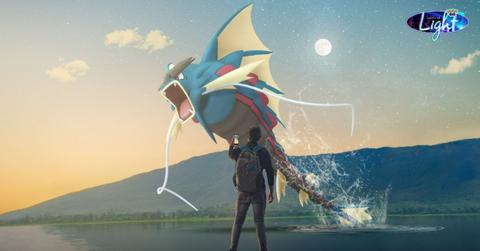A Mega Gyarados jumping out of water.