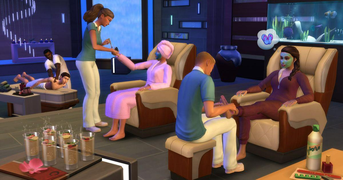 模擬人生的4個角色在水療中心的椅子上放鬆。