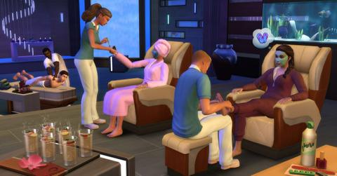 The Sims 4 characters relaxing on chairs at a spa.