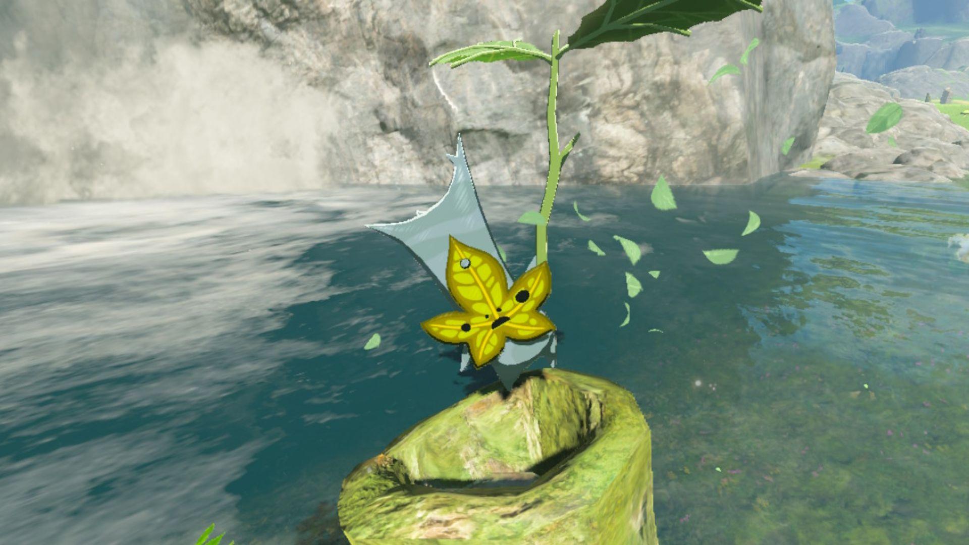 'Tears of the Kingdom' A Korok floating over a log with a magical leaf.