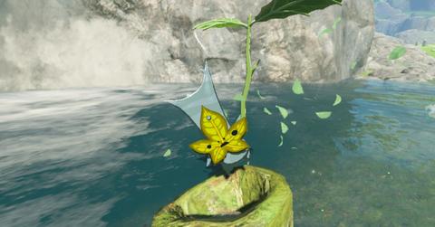 'Tears of the Kingdom' A Korok floating over a log with a magical leaf.