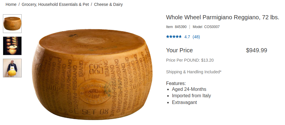 That's a real deal on a cheese wheel: Costco is selling a 72-pound