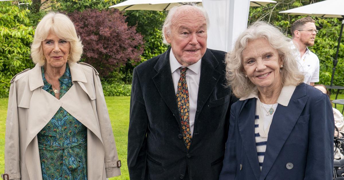 (L-R) Queen Camilla, Timothy West, and Hayley Mills during a garden party in May 2024.