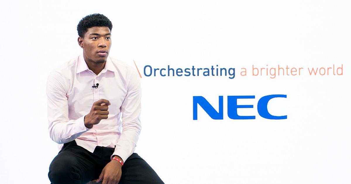 Rui Hachimura speaking at an NEC event.