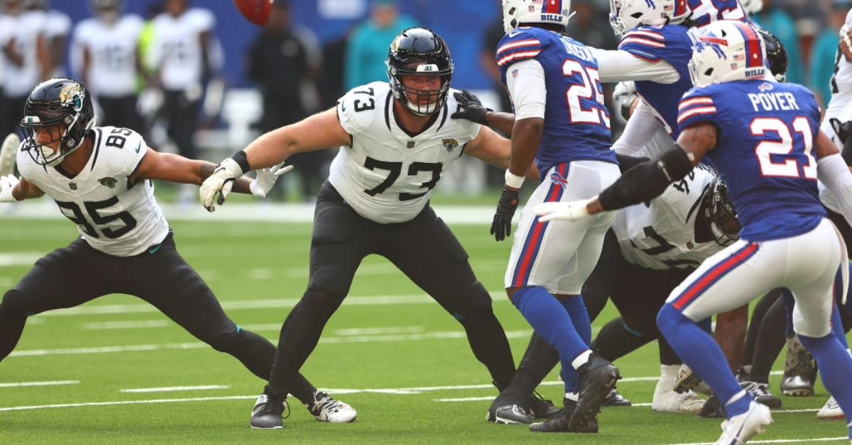 Blake Hance #73 of the Jacksonville Jaguars at Tottenham Hotspur Stadium on October 08, 2023 in London, England.