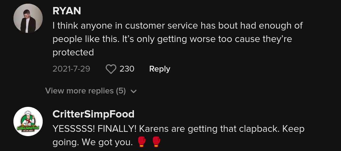 Comments on viral video of Pizza Hut employee reacting to “Karen” outburst and being praised by another customer.