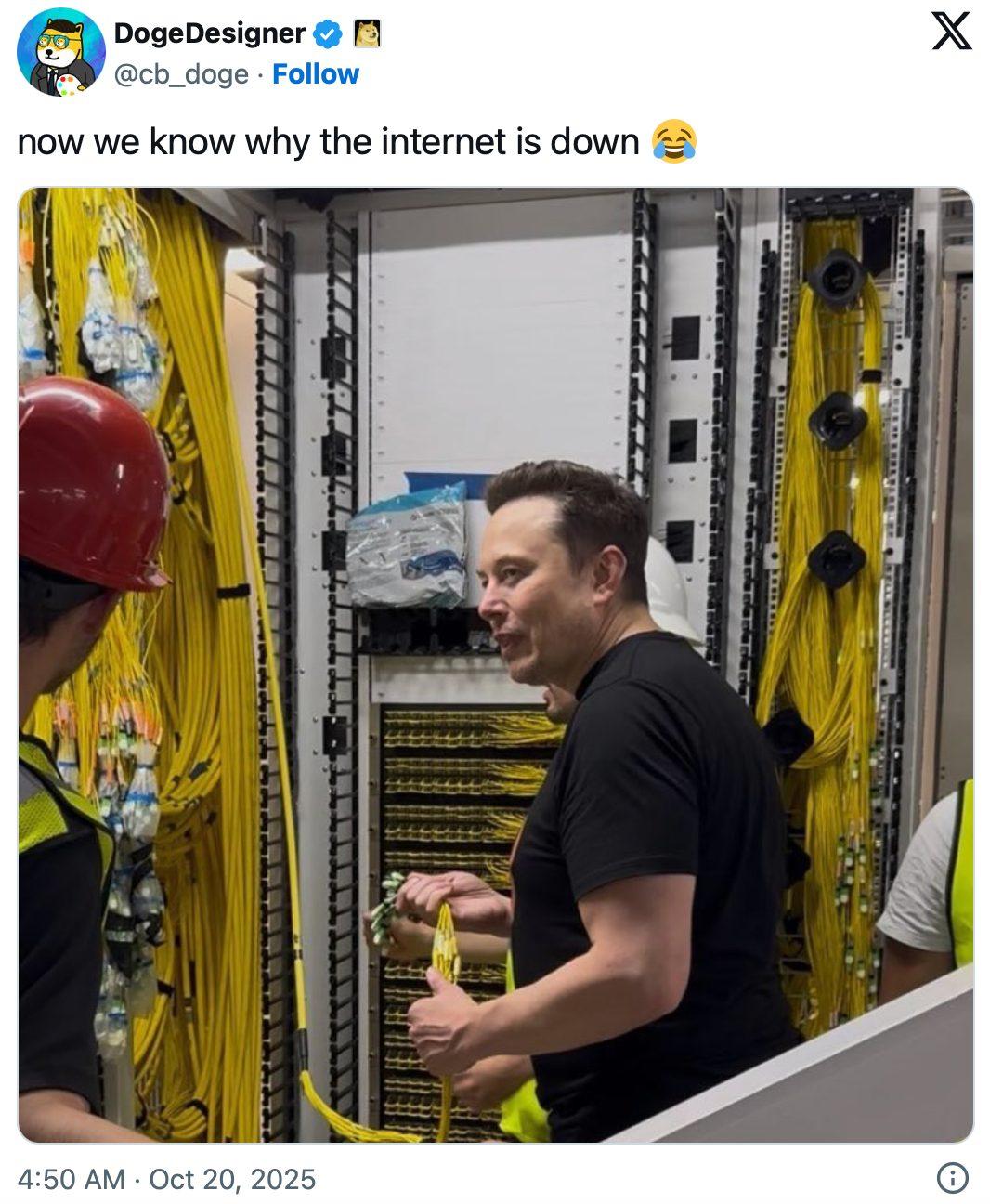 An AWS meme that suggests Elon Musk is behind the global outages.
