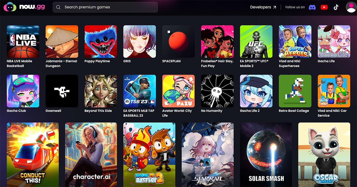 The homepage of now.gg featuring all the games available on the platform. 