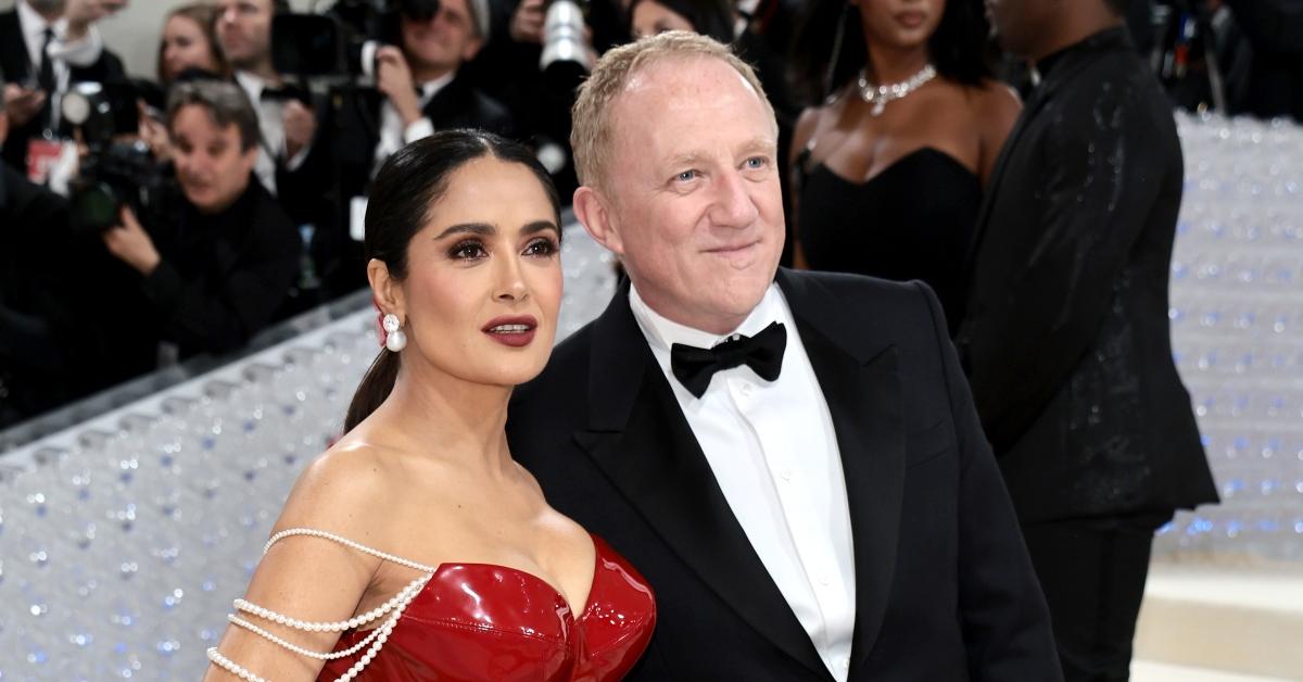 Salma Hayek Pinault and François-Henri Pinault attend The 2023 Met Gala Celebrating "Karl Lagerfeld: A Line Of Beauty" at The Metropolitan Museum of Art on May 01, 2023 in New York City. (Photo by Jamie McCarthy/Getty Images)
