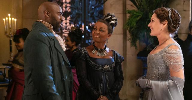 Lady Danbury looking at her brother as he and Violet talk.