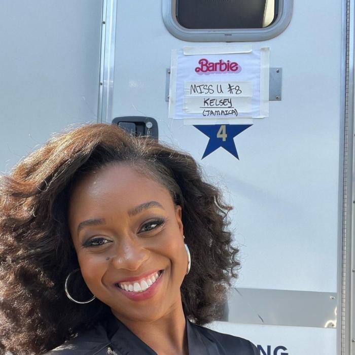 The Bachelor's Kelsey T. outside of her trailer for the 'Barbie' movie