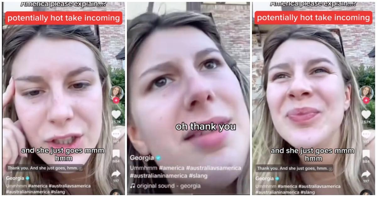 Woman sits outside and explains how she told a person thank you and they responded "mhmm."