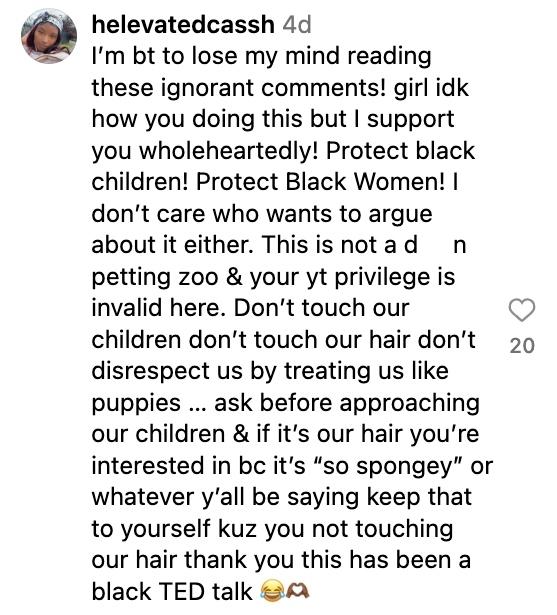 Instagram user comments on white woman touching toddlers hair