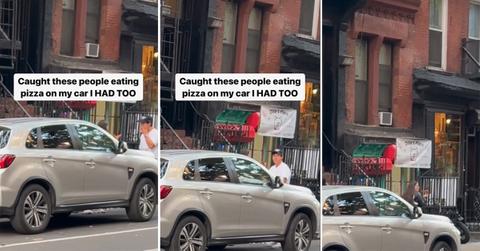 People eating pizza on a stranger's car