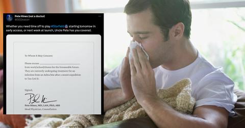 A screenshot of Pete Hines's fake doctors note excusing the recipient from work to play 'Starfield' over top of a man sitting on a couch blowing his nose