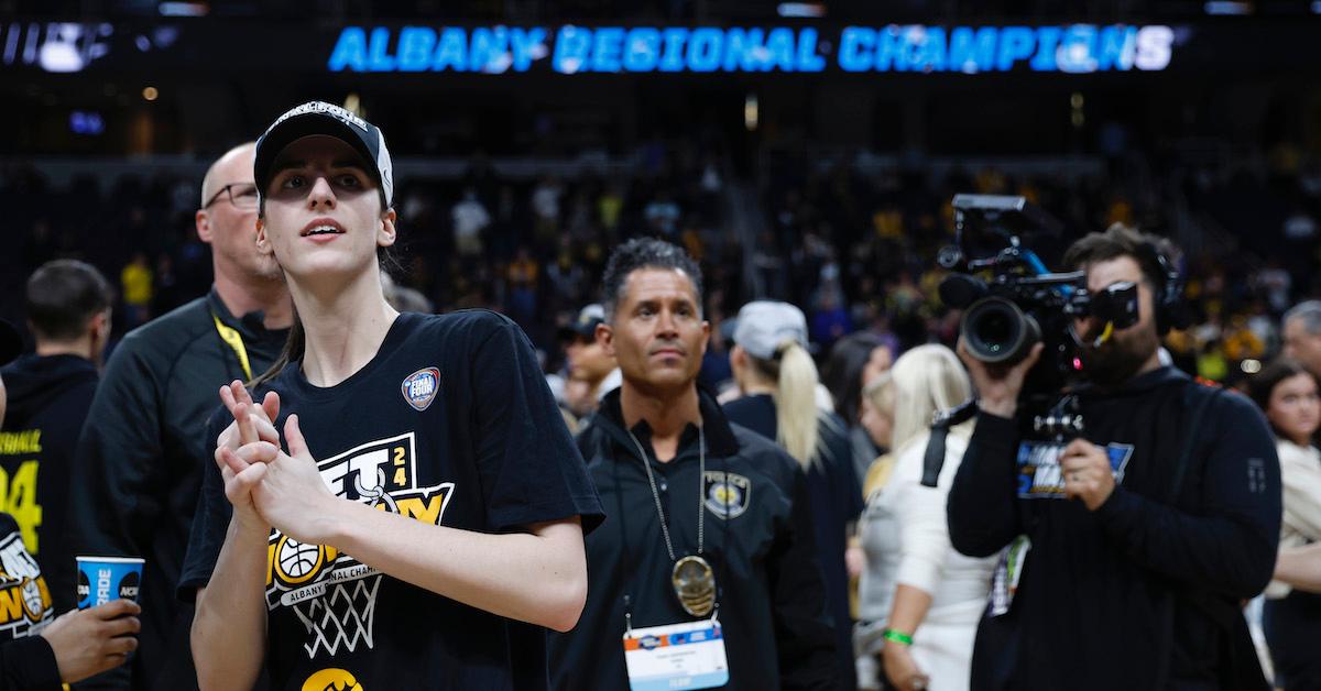 Caitlin Clark #22 of the Iowa Hawkeyes after NCAA Women's Basketball Tournament game at MVP Arena on April 1, 2024 