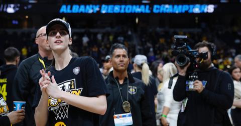 Caitlin Clark #22 of the Iowa Hawkeyes after NCAA Women's Basketball Tournament game at MVP Arena on April 1, 2024