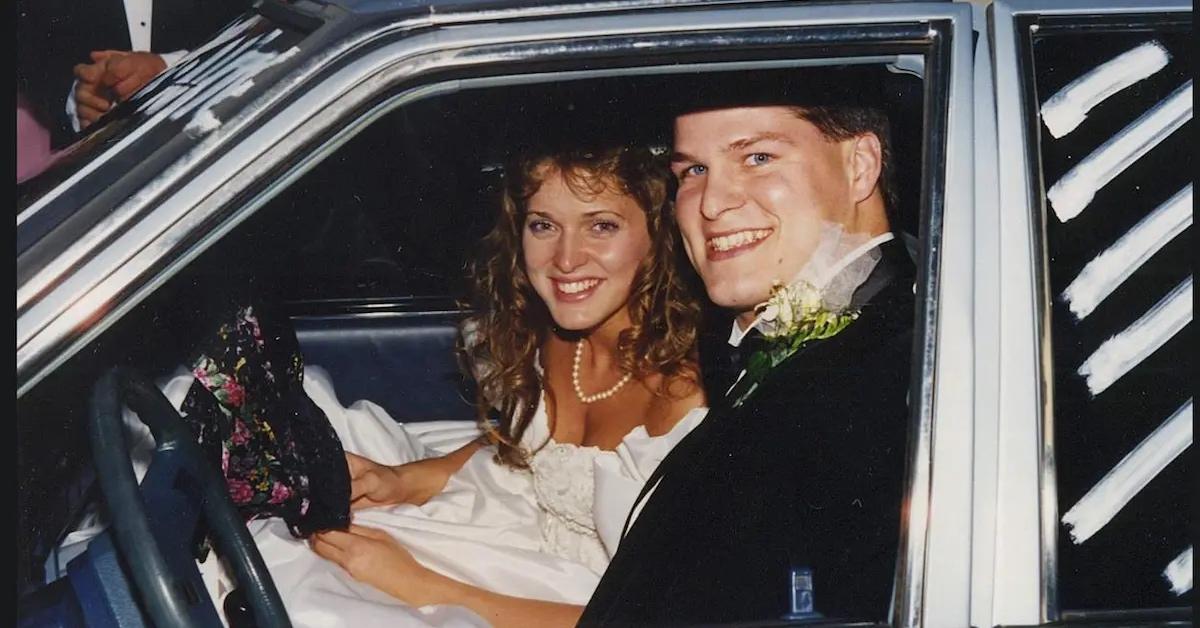 Belinda and David Temple sit in a car on their wedding day.