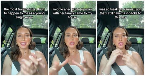Woman sits in the car looks upset and talks about the "most traumatizing" experience she had as a young mom.